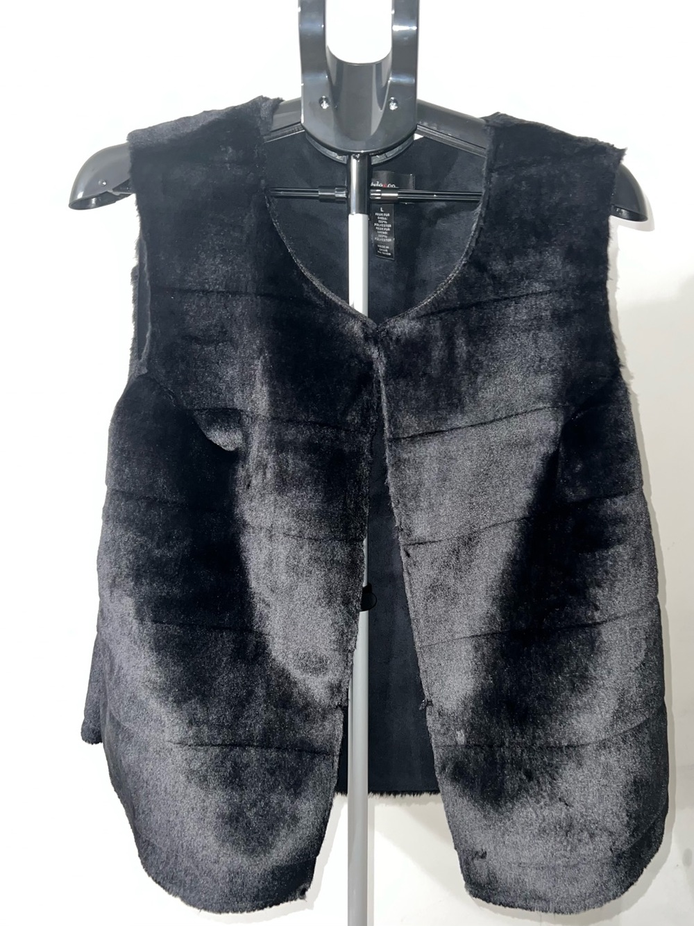 Style & Co black  faux fur vest featuring a sleeveless, open-front design.
